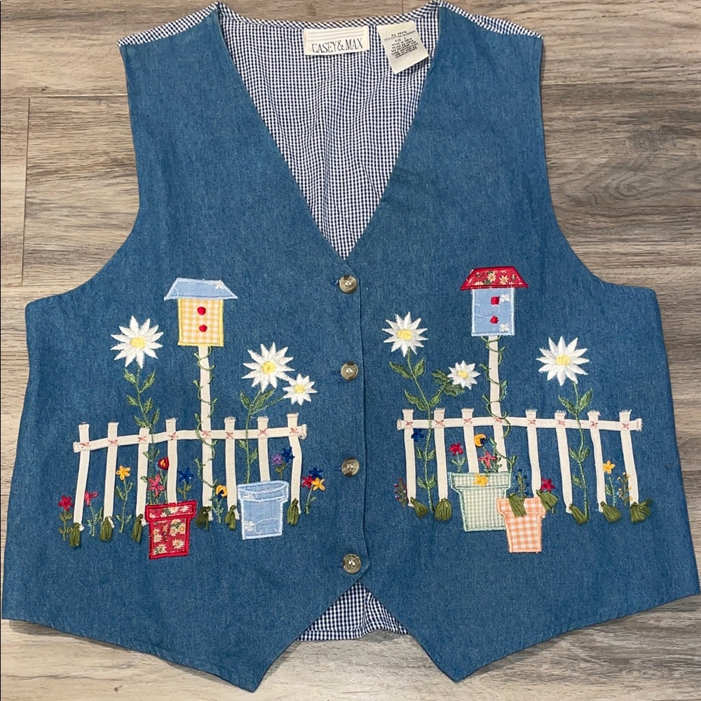 Castaway Blue Denim Vest with Floral Embroidery